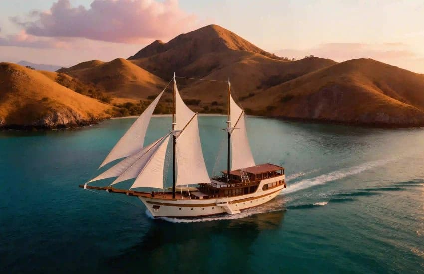 A private traditional phinisi under sail in Indonesia