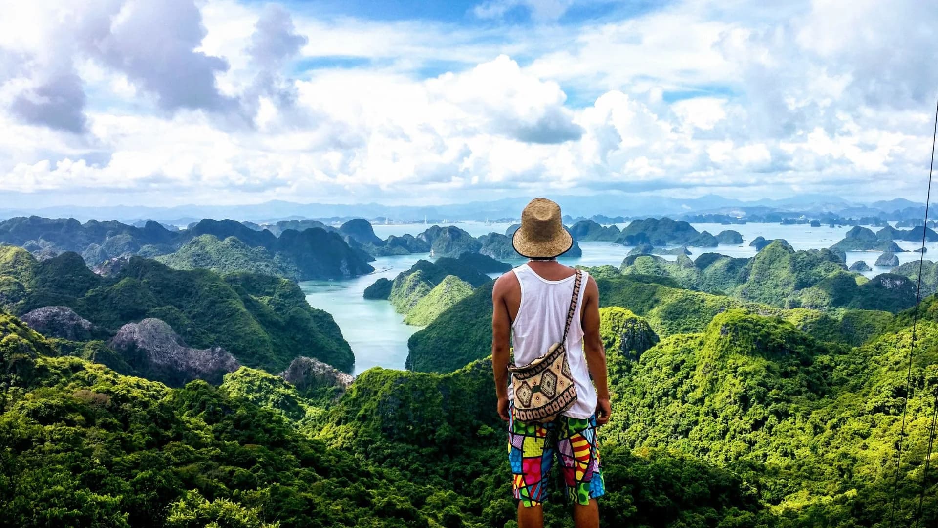 Traveler overlooking Ha Long Bay's limestone karsts, Vietnam